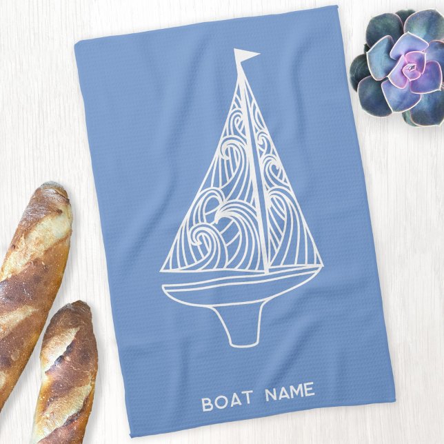 Sailing Boat Name Nautical  Kitchen Towel (Personalized boat name blue and white sailing boat nautical kitchen tea towel)