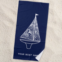 Sailing Boat Name Nautical Navy Blue Beach Towel