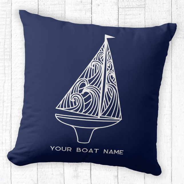 Sailing Boat Name Nautical Navy Blue Throw Pillow (Your boat name custom text sailing boat yacht navy blue throw pillow)