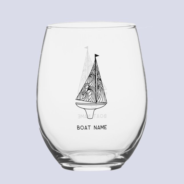 Sailing Boat Name  Stemless Wine Glass (Sailing boat with custom boat name text modern stemless wine glass)