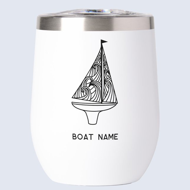 Sailing Boat Name  Thermal Wine Tumbler (Sailing boat with custom boat name text modern thermal wine tumbler)