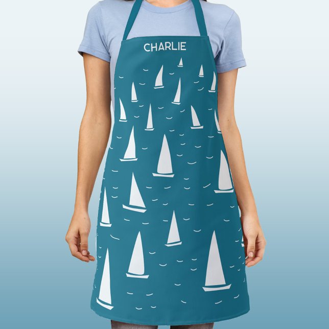 Sailing Boat Nautical Personalized Apron (Personalized custom name sailing boat yacht nautical apron)