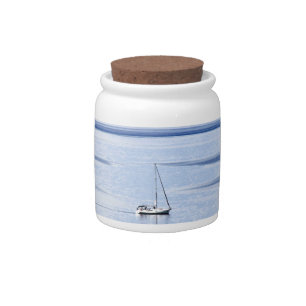 Sailing boat on sea, Nautical, blue water sky Candy Jar