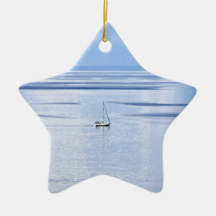 Sailing boat on sea, Nautical, blue water sky Ceramic Ornament