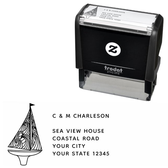 Sailing Boat Personalized Address Self-inking Stamp (Sail boat and custom boat name sailing personalized address self inking stamp)