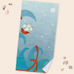 Sailing Boat Sea Monster Beach Towel
