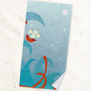 Sailing Boat Sea Monster Beach Towel