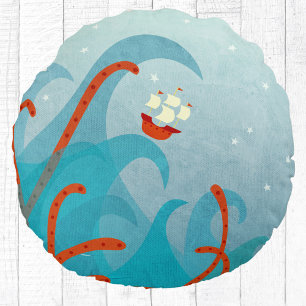 Sailing Boat Sea Monster Fun Round Pillow