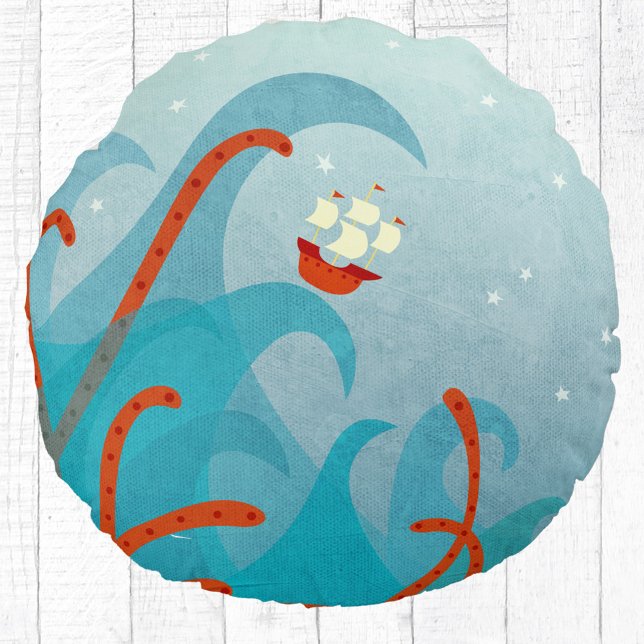 Sailing Boat Sea Monster Fun Round Pillow (Sailing boat and sea monster fun adventure pillow)