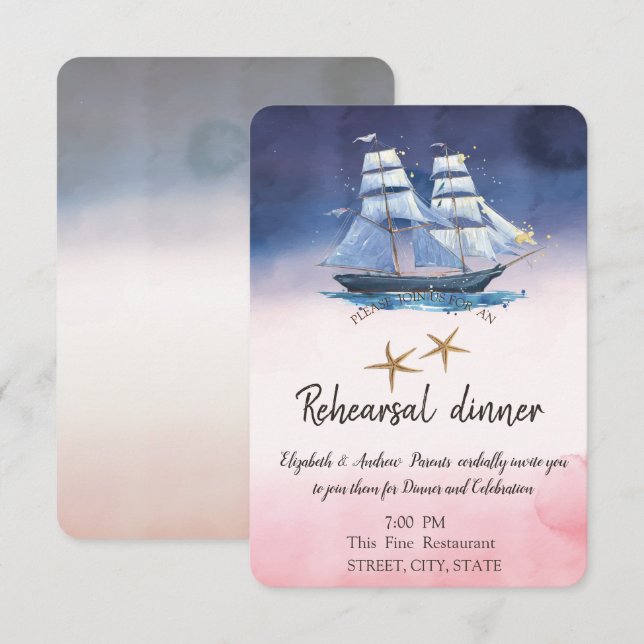 Sailing Boat Sea stars Rehearsal Dinner   Invitation (Front/Back)