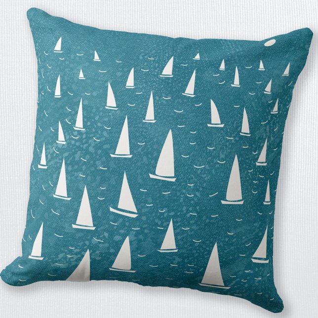 Sailing Boat Seascape Throw Pillow (Sailing boat regatta nautical teal throw pillow)