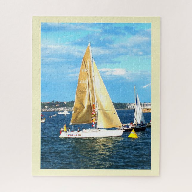 Sailing boat with golden sails in Jersey Jigsaw Puzzle (Vertical)