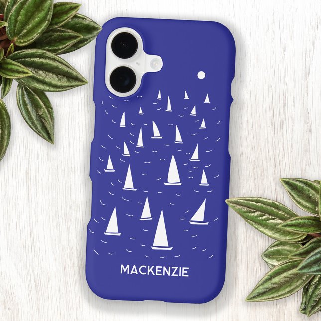 Sailing Boat Yacht Personalized Custom Name iPhone Case (Sailing Boat yacht nautical coastal or lake personalized custom name sailboat phone case for sailors)