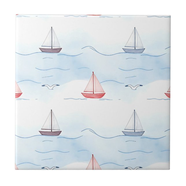 Sailing Boats and Seagulls Seamless Pattern Ceramic Tile (Front)