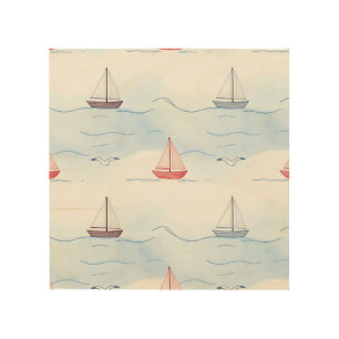 Sailing Boats and Seagulls Seamless Pattern Wood Wall Art