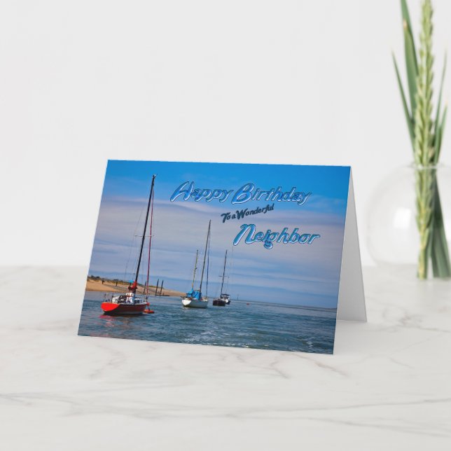 Sailing boats at anchor birthday for neighbor card (Front)