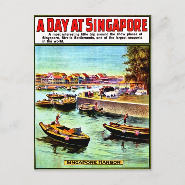 Sailing boats at Singapore port, vintage travel Postcard (Front)