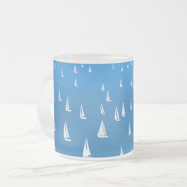 Sailing Boats in deep blue Sea - Regatta Sailboats Frosted Glass Coffee Mug (Front Left)