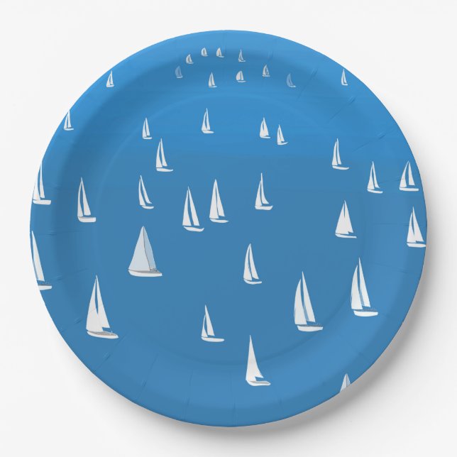 Sailing Boats in deep blue Sea - Regatta Sailboats Paper Plates (Front)