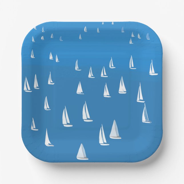 Sailing Boats in deep blue Sea - Regatta Sailboats Paper Plates (Front)