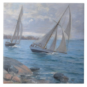Sailing Boats on the River Ceramic Tile