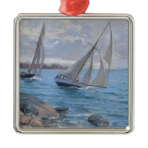 Sailing Boats on the River Metal Ornament