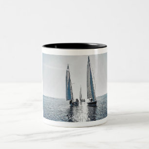 Sailing Boats with Sun-Setting illustration Two-Tone Coffee Mug