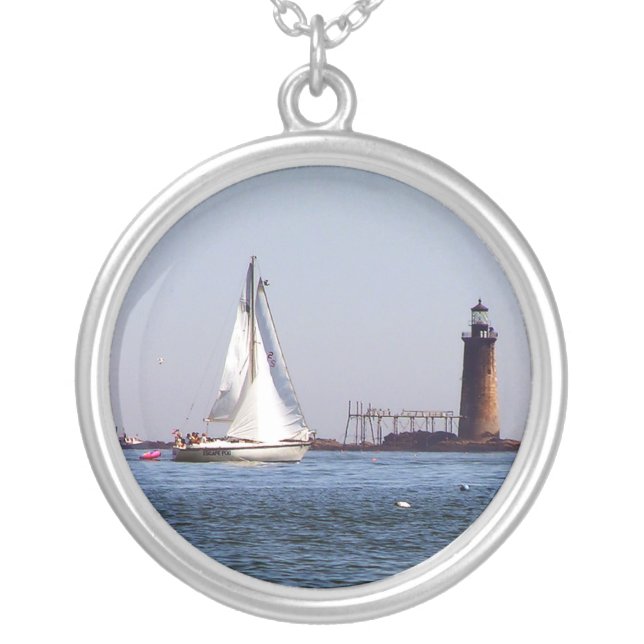 Sailing by Ram Island Ledge Light Silver Plated Necklace (Front)
