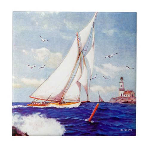 Sailing By The Lighthouse by Albert B Marks Tile