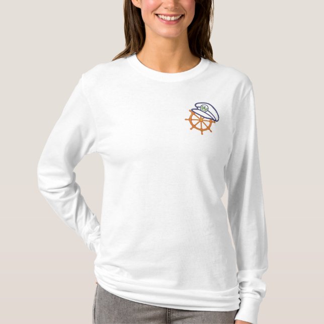 Sailing Captain's Wheel Embroidered Long Sleeve T-Shirt (Front)