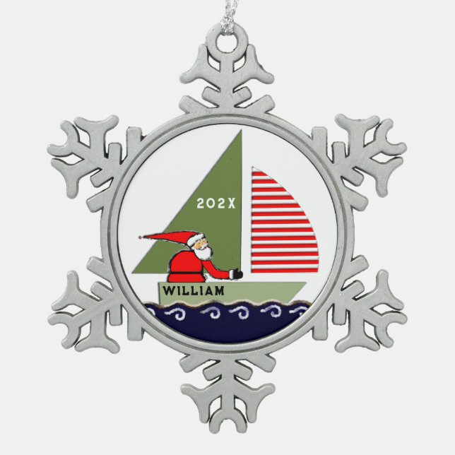 Sailing Christmas Collectible Snowflake Pewter Christmas Ornament (Front)