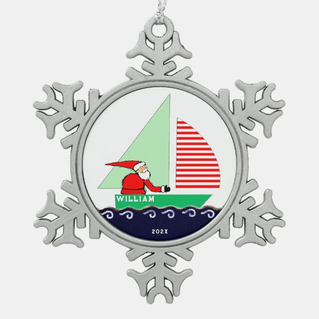 Sailing Christmas Collectible Snowflake Pewter Christmas Ornament (Front)