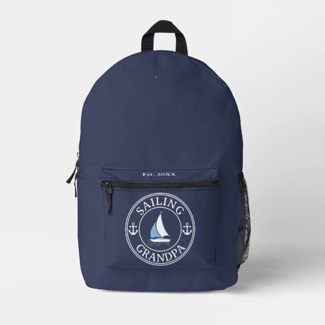 Sailing Grandpa Year Established Navy Blue Printed Backpack (Front)