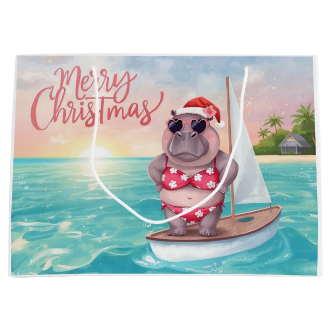 Sailing Hippo Christmas Bikini on big wave Large Gift Bag (Front)