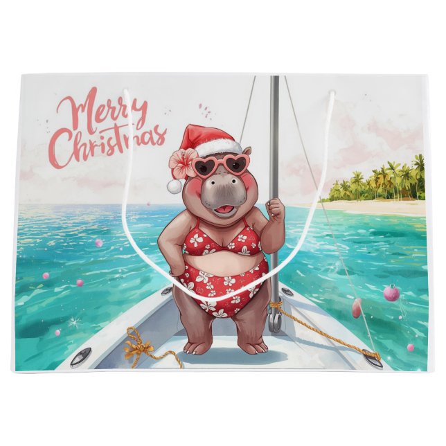Sailing Hippo Christmas Bikini on big wave Large Gift Bag (Front)
