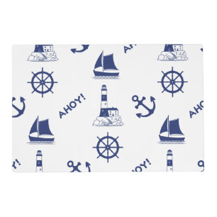 Sailing Illustrative 2Way Pattern Navy Blue+White Placemat