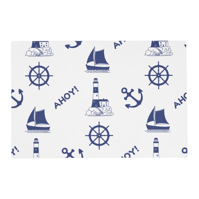 Sailing Illustrative 2Way Pattern Navy Blue+White Placemat (Front)
