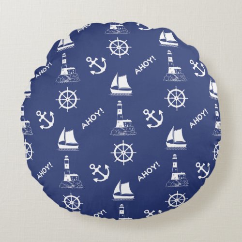 Sailing Illustrative 2Way Pattern Navy BlueWhite Round Pillow