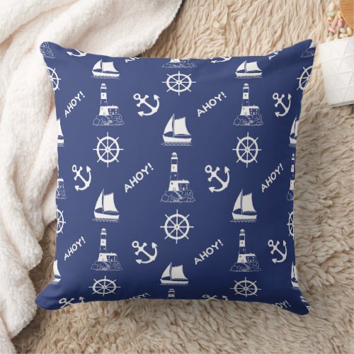 Sailing Illustrative 2Way Pattern Navy BlueWhite Throw Pillow