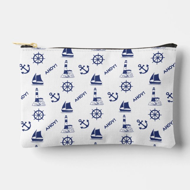 Sailing Illustrative 2Way Pattern White+Navy Blue Accessory Pouch (Front)