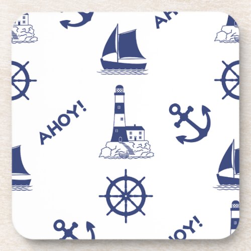 Sailing Illustrative Big Pattern Navy Blue Beverage Coaster
