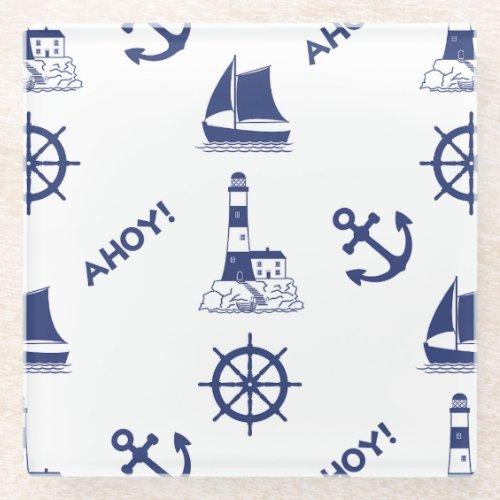 Sailing Illustrative Big Pattern Navy Blue Glass Coaster