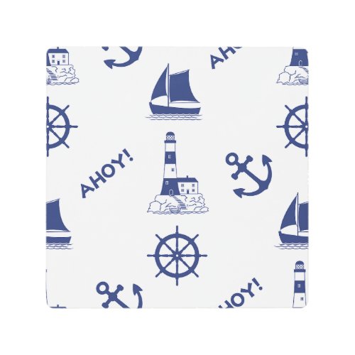 Sailing Illustrative Big Pattern Navy Blue Metal Print