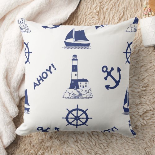 Sailing Illustrative Big Pattern Navy Blue Throw Pillow