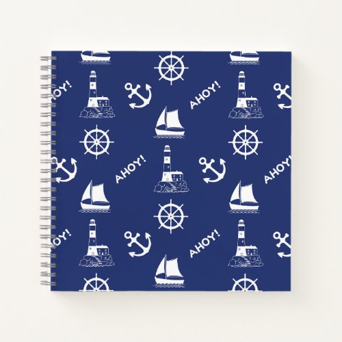 Sailing Illustrative Big Pattern WhiteNavy Blue Notebook