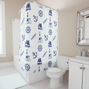 Sailing Illustrative Big Ptn Navy Blue+Transparent Shower Curtain