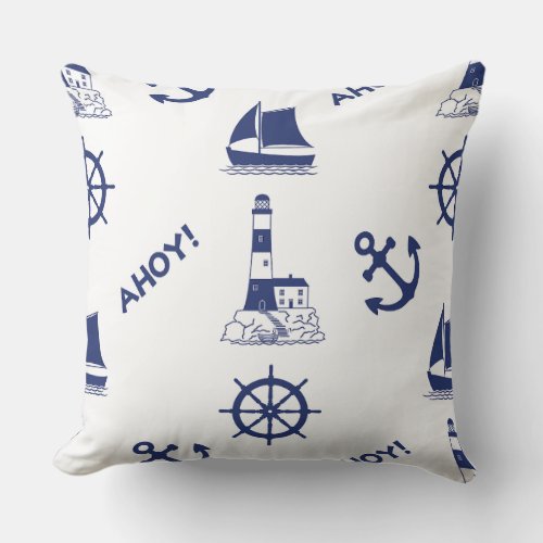 Sailing Illustrative Lg Pattern Navy BlueWhite Throw Pillow