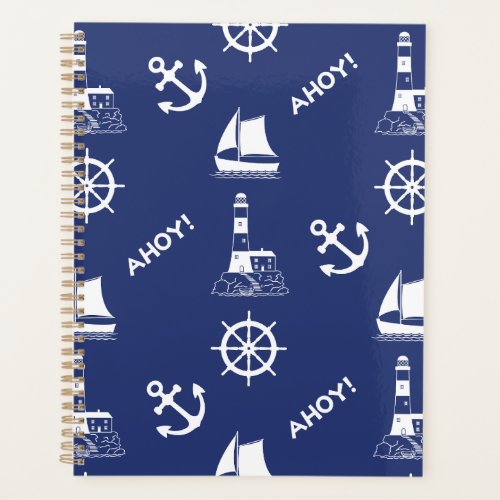 Sailing Illustrative Lg Pattern WhiteNavy Blue Planner