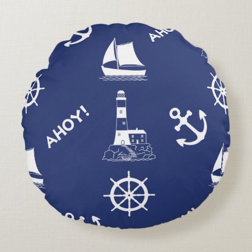 Sailing Illustrative Lg Pattern White on Navy Blue Round Pillow