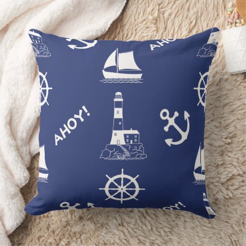 Sailing Illustrative Lg Pattern White on Navy Blue Throw Pillow